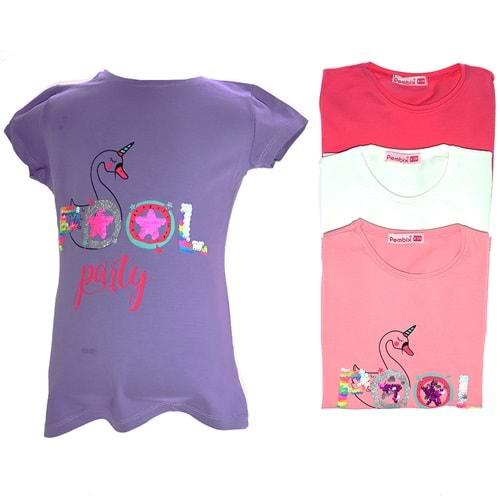 Pembix 289 Kız Çocuk Penye Kuğulu Pullu Tişört 1-8 Yaş