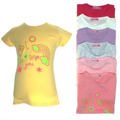 Pembix 298 Kız Çocuk Penye I Love You Yazı Pullu Tişört 1-8 Yaş