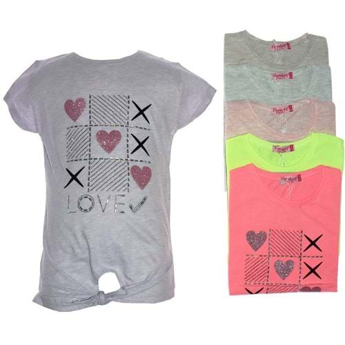 Pembe 3144 Kız Çocuk Penye Ön Bağlamalı Love Taşlı Tişört 1-4 Yaş