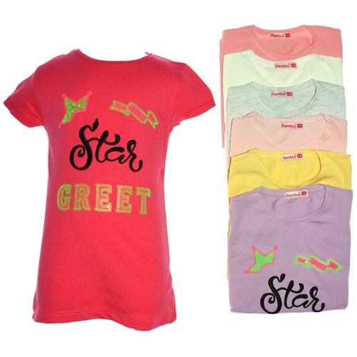Pembe 397 Kız Çocuk Penye Star Greet Yazı Pullu Tişört 9-12 Yaş