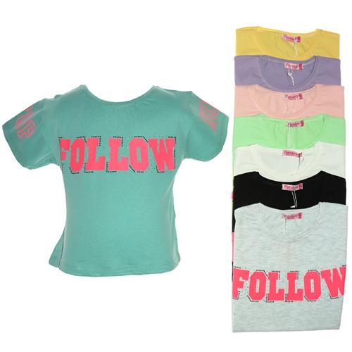 Pembe 5135 Kız Çocuk Follow Baskılı Taşlı Tişört 9-12 Yaş