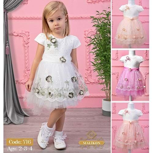 Mali-Kon 716 Kız Çocuk Çift Renkli Güllü Elbise 2-3-4 Yaş