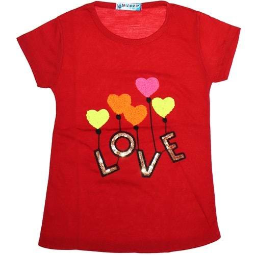 Damlanur 1001 Kız Çocuk 5 Kalp Love Süzene Nakışlı Kısa Kol Badi 3-7 Yaş