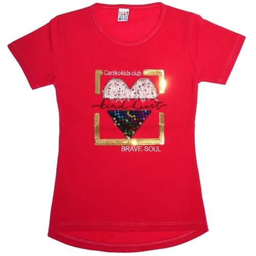 Caniko 15 Kız Çocuk Pullu Kalp Nakışlı Tişört 5-8 Yaş