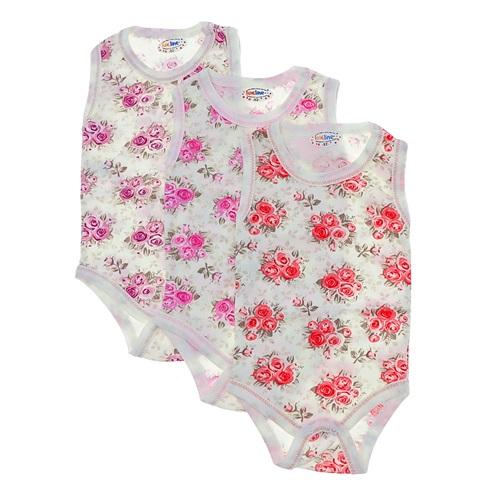 Lüxeline 4154 Çocuk Penye Gül Desenli Sıfır Kol Çıtçıtlı Badi 2-3-4 Yaş- Pudra