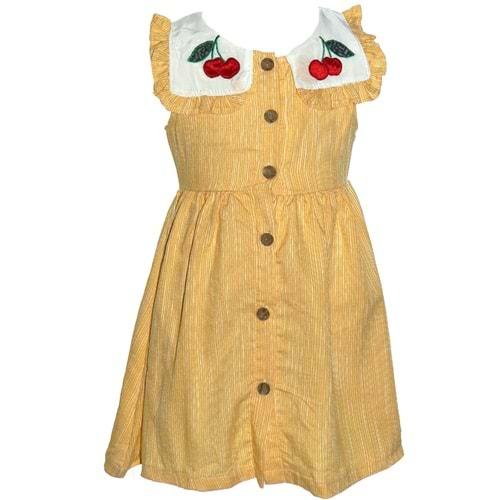 Bubuki Kız Çocuk Kiraz Nakışlı Düğmeli Sıfır Kol Elbise 2-5 Yaş