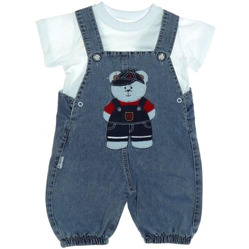 My Koala 0303 Erkek Bebe Şapkalı Ayıcık Nakışlı Kot Salopet Takım 12-18-24 Ay
