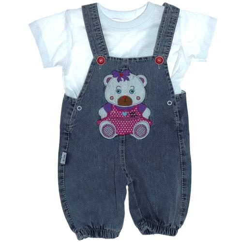 My Koala 0323 Kız Bebe Ayıcık Nakışlı Kot Salopet Takım 12-18-24 Ay