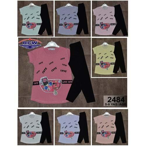RCW Boy 2484 Kız Çocuk Penye Cute LOVE Bas. Taşlı Taytlı Takım 5-8 Yaş