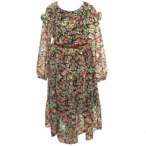 Markam 20169 Kız Çocuk U. Kol Desenli Önü Fırfırlı Elbise 6-14 Yaş