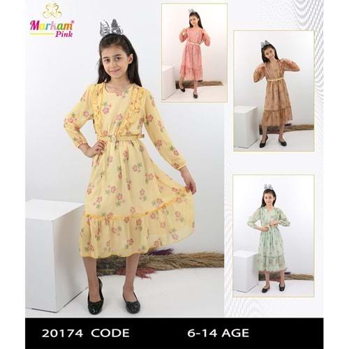 Markam 20174 Kız Çocuk U. Kol Desenli Ö. Fırfırlı Kemerli Elbise 6-14 Yaş
