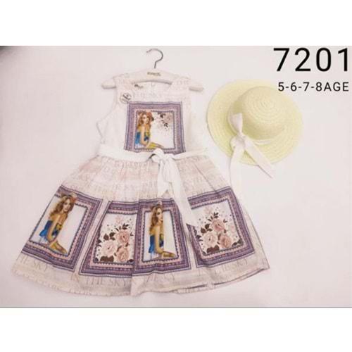 Pampal 7201 Kız Çocuk Baskılı Taşlı Şapkalı Elbise 5-8 Yaş