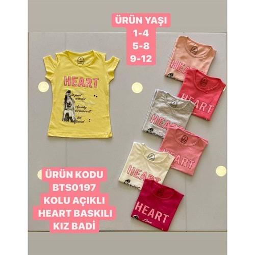 Bittoş 0197 Kız Çocuk Kolu Açıklı Heart Baskılı Penye Tişört 9-12 Yaş