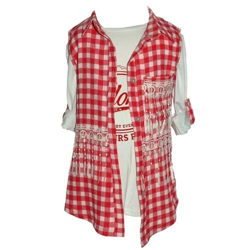 Güldür 9041 Kız Çocuk Penye Dantelli Ekose Gömlek 9-12 Yaş