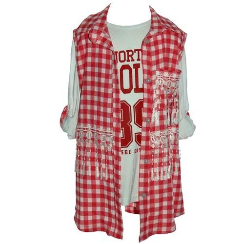 Güldür 9040 Kız Çocuk Penye Dantelli Ekose Gömlek 13-16 Yaş