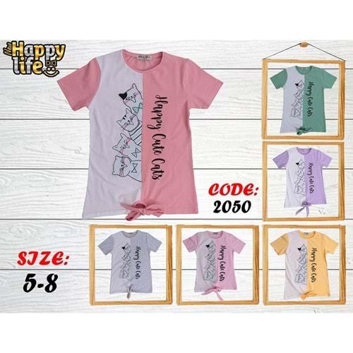 Happy Life 2050 Kız Çocuk Taşlı Kedi Bas.Önden Bağlamalı Tişört 5-8 Yaş