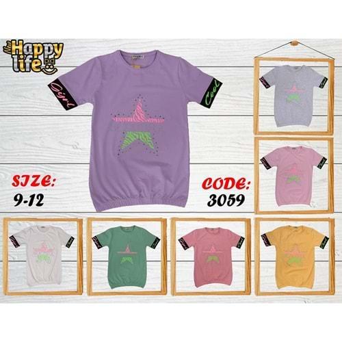 Happy Life 3059 Kız Çocuk Taşlı Beautifull Yıldız Bas.Eteği Lastikli Tişört 9-12 Yaş