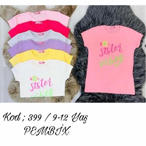 Pembe 399 Kız Çocuk Sisters Çiçek Nakışlı Tişört 9-12 Yaş