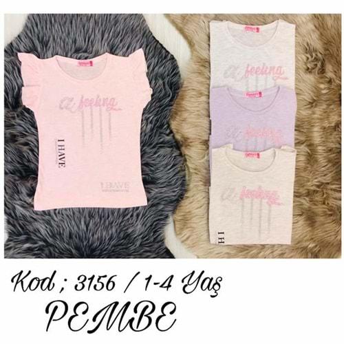 Pembe 3156 Kız Çocuk Penye I Have Bas. Kol Fırfırlı Taşlı Tişört 5-8 Yaş
