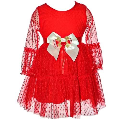 Meriç Kon 1009 Kız Çocuk Puantiyeli Kemerli Tül Elbise 1-4 Yaş