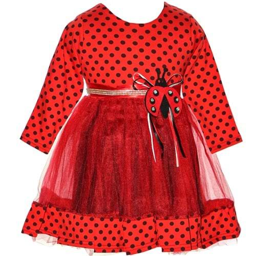 Meriç Kon 1014 Kız Çocuk Puantiyeli Likralı Uğur Böcekli Elbise 1-4 Yaş