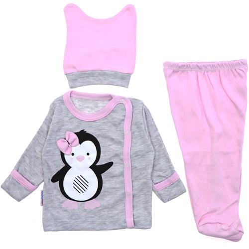 Baby Can 9221 Bebe Papyonlu Penguen Bas. Bereli 3 Parça Zıbın Takım 0-3 Ay