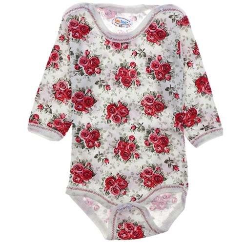 Lüxeline Çocuk Empirme Gül Baskılı Uzun Kol Çıtçıtlı Badi 2-3-4 Yaş