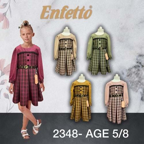 Lotus 2348 Kız Çocuk Ekoseli 3 Düğmeli Kemerli Elbise 5-8 Yaş