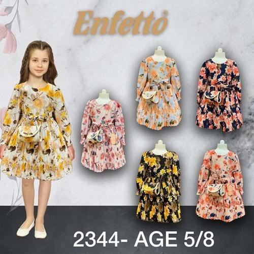 Lotus 2344 Kız Çocuk Çiçek Desenli Piliseli Çanta Aks Kemerli Elbise 5-8 Yaş