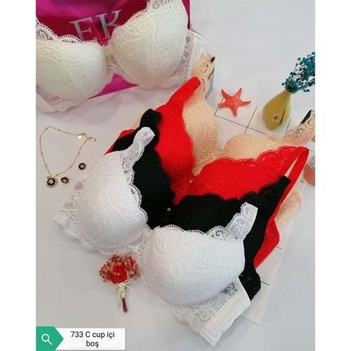 F.K 733 Bayan Dantelli Desteksiz Balenli C Cup Sütyen 85-100