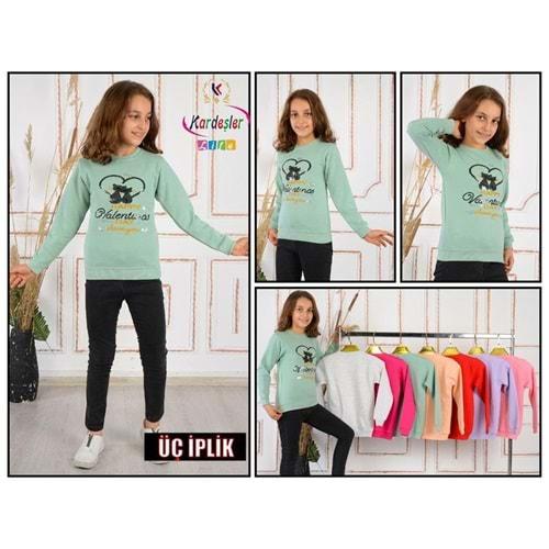Kardeşler 4006-Kız Çocuk Happy Pullu Nakışlı 3 İplik Sweat 9-12 Yaş