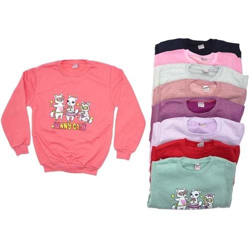 Azranur 2162 Kız Çocuk 2 İplik Şardonlu Kedi Bas Sweat 3-10 Yaş