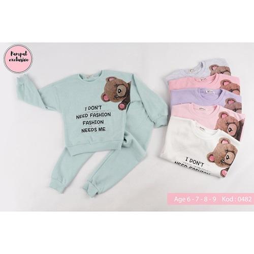 Pampal 0482 Kız Çocuk Selanik Taşlı Ayıcık Baskılı Takım 6-9 Yaş