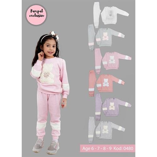 Pampal 0480 Kız Çocuk Selanik Kalp Ayıcık Kabartma Baskılı Takım 6-9 Yaş