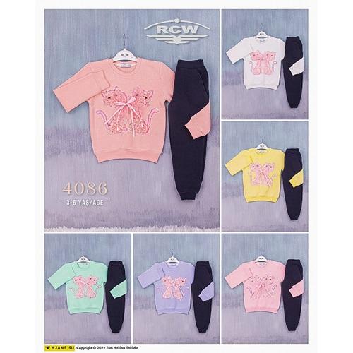 Rcw 4088 Kız Çocuk İki Kedi Tül Aplikeli 3 İplik Takım 3-6 Yaş