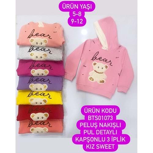 BTS01073 Kız Çocuk Peluş Nak Pullu Kapşonlu 3 İp Sweat 9-12 Yaş