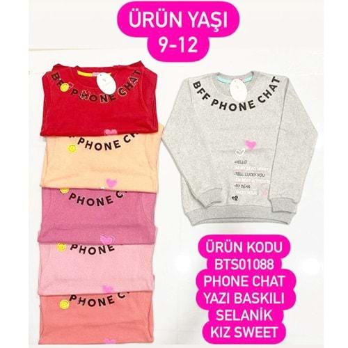 BTS01088 Kız Çocuk Phone Chat Baskılı Selanik Sweat 9-12 Yaş