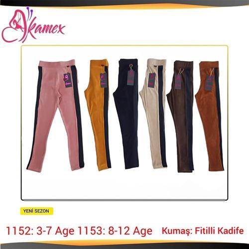 Kamex 1153 Kız Çocuk Kadife Süet Şeritli Garson Tayt 8-12 Yaş