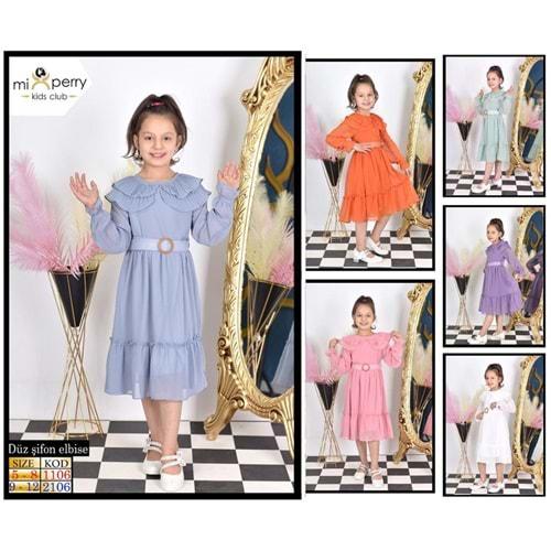 Mixperry 1106 Kız Çocuk Yakası Piliseli Kemerli Şifon Elbise 5-8 Yaş