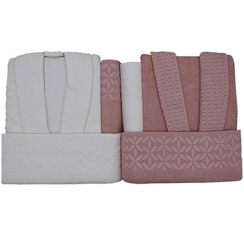 Bulteks Mulia Diamond Jakarlı Aile Bornoz Seti 6 Parça - Pembe-Gri - DESEN-1