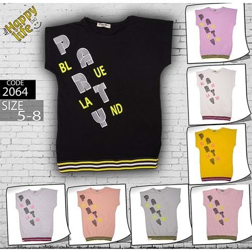 Happy Life 2064 Kız Çocuk Party Lastikli Baskılı Tişört 5-8 Yaş