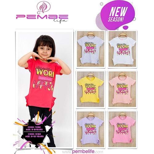 Pembe 4182 Kız Çocuk Yan Fırfırlı Work Happen Nak Tişört 5-8 Yaş