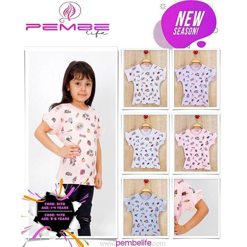 Pembe 3178 Kız Çocuk Kol Fırfırlı Karikatür Bas Tişört 1-4 Yaş