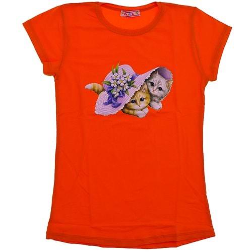 Fındık Kız Penye Kız Çocuk Kedi Baskılı Tshirt 11-14 Yaş
