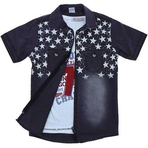 Tofil 2001 Erkek Çocuk Yıldız Baskılı İkili Kot Gömlek 5-8 Yaş