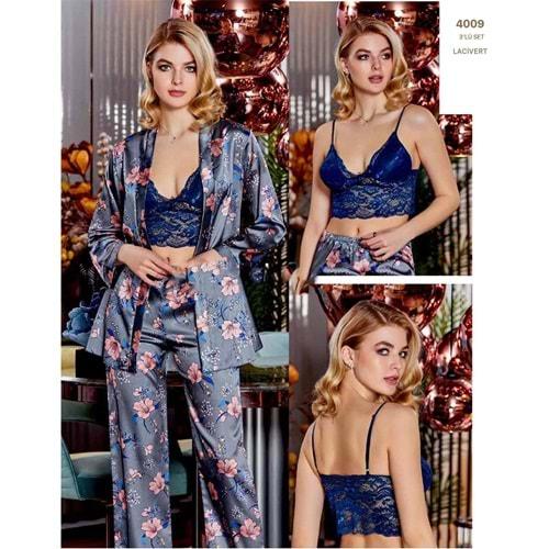 Jeremi 4009 Bayan Saten Büstiyerli 3 Lü Empirme Gecelik Pijama Takım