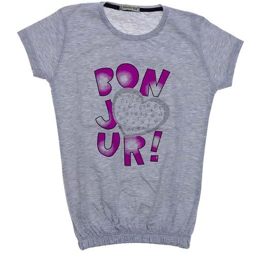 Almila 0006 Kız Çocuk Penye Bonjur Kalp Nakışlı Tişört 9-12 Yaş