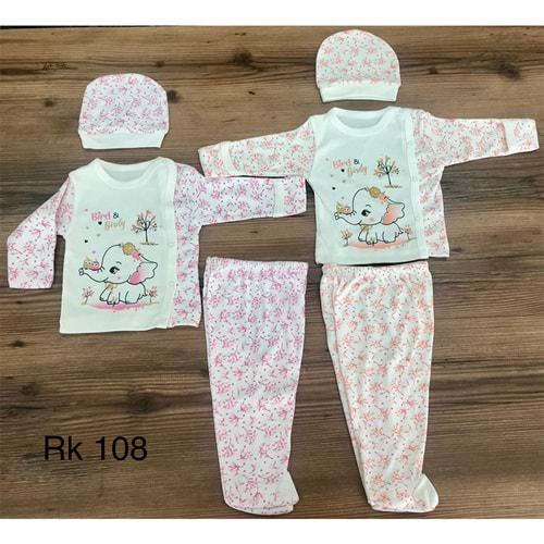 Rakun Baby 108 Bebe Fil Ve Baykuş Baskılı Kendinden Eldivenli Şapkalı 3 Lü Zıbın Takımı 0-3 Ay