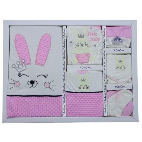 CC-1622 Bebe Nohutlu Kulaklı Tavşan Nakışlı 10 Parça Zıbın Set 0-3 Ay
