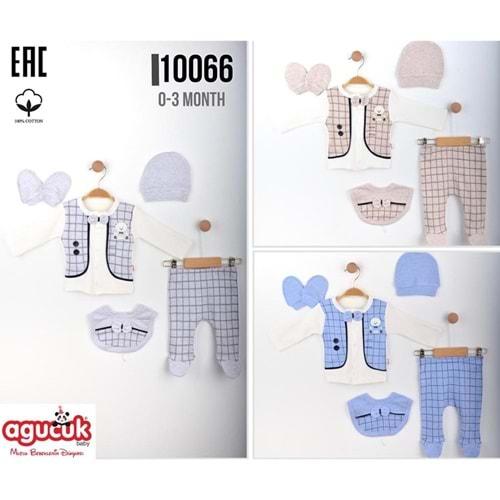 Agucuk Baby 10066 Erkek Bebe Ayıcık Nakışlı Patikli Şapkalı 5 Li Zıbın Takım 0-3 Ay